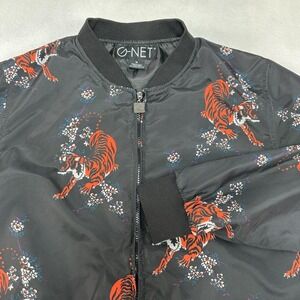 G NET Jacket‎ Mens Medium Black Tiger Floral Print Bomber Lightweight Full Zip